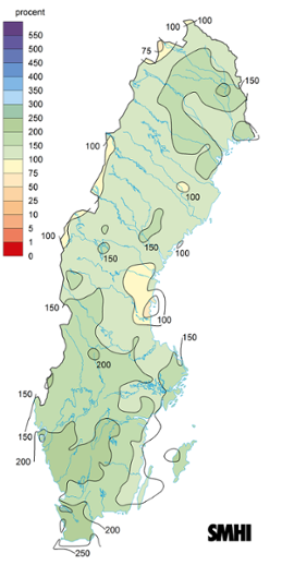 Sverigekarta som visar nederbördens avvikelse från det normala under februari 2022