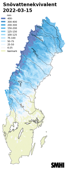 Karta över snötäckets beräknade vattenvärde 15 mars 2022 