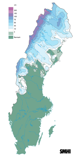 Sverigekarta som visar snödjupet den 30 april 2022