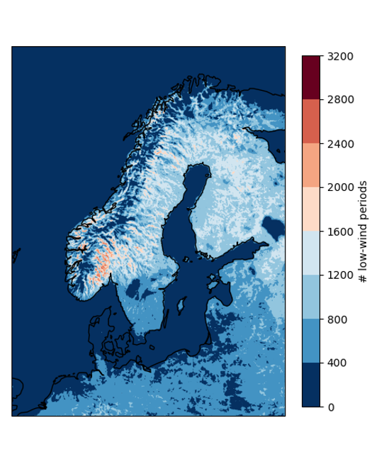 Karta över Skandinavien som lisar vart det blåser mycket och vart det blåser lite under ett år. Vinddatan analyseras för att kunna besvara frågor om framtidens vindkraftsproduktion.