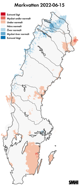 Karta som visar beräknad markvattenhalt 15 juni 2022