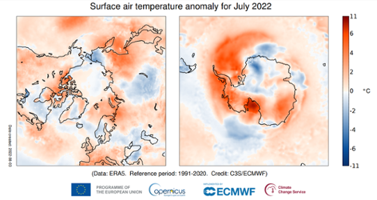 Bilden visar kartor med avvikelse från normal månadsmedeltemperatur i juli 2022 i Arktis respektive i Antarktis.