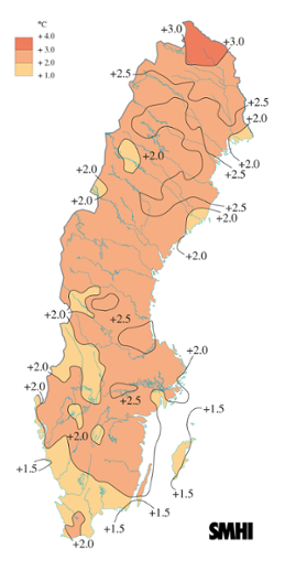 Karta över medeltemperaturens avvikelse från det normala under våren 2011 