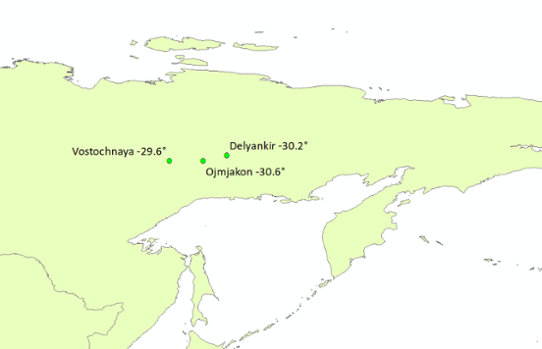 Bilden visar en karta med de lägsta temperaturerna i östra Sibirien den 23 oktober 2022.