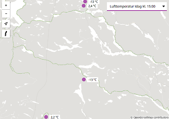 Bilden visar en karta med lufttemperatur i södra Lapplandsfjällen den 17 november 2022.