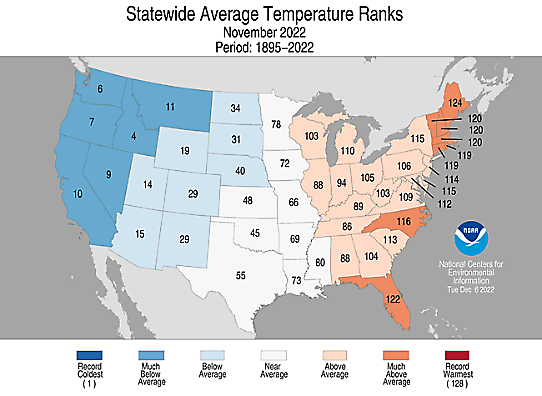 Bilden visar ranking av medeltemperatur i november 2022 delstatsvis i USA