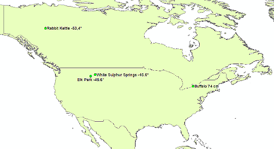 Bilden visar en karta med låga temperaturer och stora snödjup i Nordamerika under julen 2022.