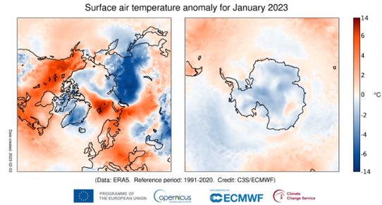 Temperaturavvikelse i januari 2023 för Arktis (vänster bild) och Antarktis (höger bild) relativt normalperioden 1991-2020.