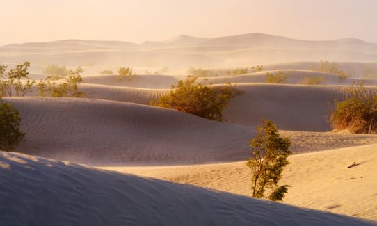 Sandstorm i ökenområde där stoftpartiklar skapar ett dis i luften