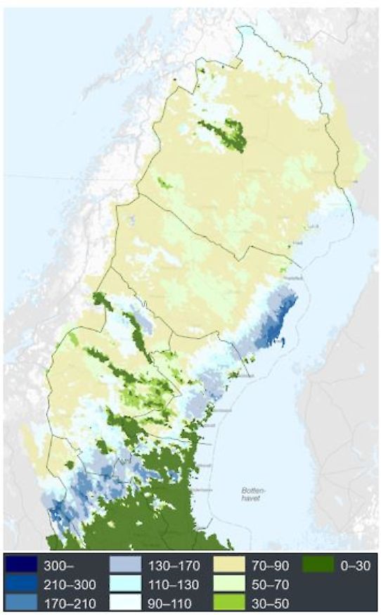 Karta över norra Sverige som visar var det finns snö och hur det förhåller sig till det normala.