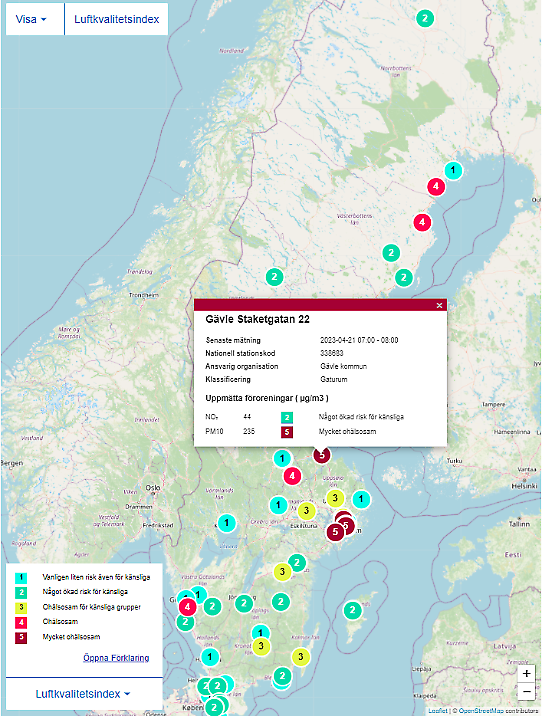 Kartbild från SMHIs Luftwebb med markeringar som visar luftkvalitetsindex för några städer