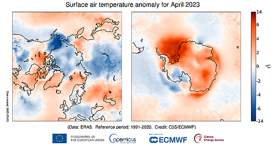 Bilden visar en karta med temperaturavvikelserna i april 2023 för Arktis och Antarktis.