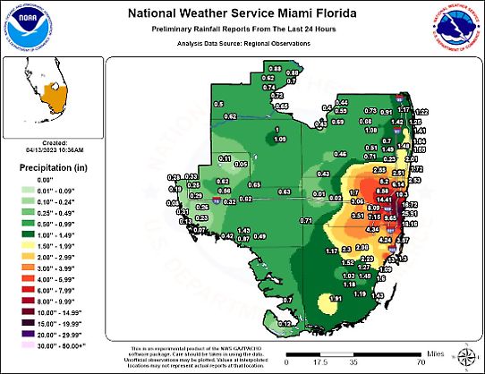 Nederbördskarta över Fort Lauderdale i Florida den 12-13 april 2023.