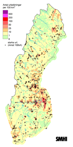 Sverigekarta som visar totalt antal blixtar under juli 2023