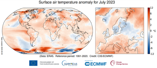 Bilden visar en världskarta med temperaturanomalier under juli 2023.