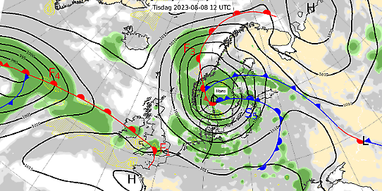 Bilden visar en karta med en analys av väderläget klockan 14 den 8 augusti 2023.