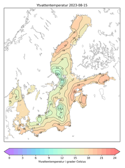 Karta över ytvattentemperatur i havet 15 augusti 2023.