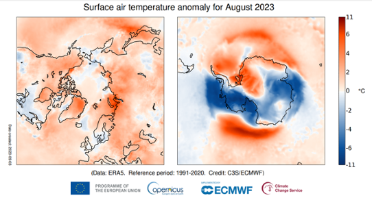 Bilden visar kartor med temperaturavvikelse i Arktis respektive Antarktis i jaugusti 2023.