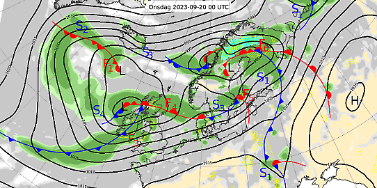 Bilden visar en karta med en analys av väderläget över Nordatlanten och Nordeuropa den 20 september 2023.