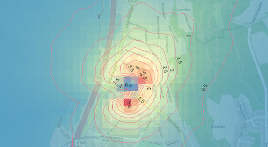 Visualisering i ett GIS-program av beräkningsresultaten ifrån SIMAIR Område