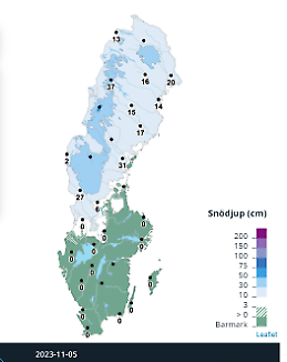 Bilden visar en karta med snödjupet i Sverige den 5 november 2023.