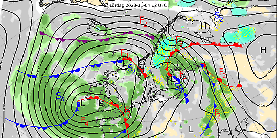 Bilden visar en karta md en analys av väderläget över Nordeuropa den 4 november 2023.