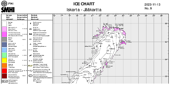 Is och ytvattentemperatur i havet den 13 november 2023.