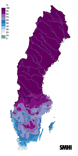 Bilden visar en karta över Sverige med sannolikheten för minst 1 cm snö på juldagens morgon under normalperioden 1961-1990.