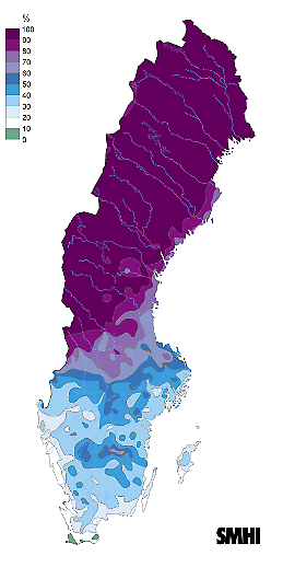 Bilden visar en karta över Sverige med sannolikheten för minst 1 cm snö på juldagens morgon under normalperioden 1991-2020.