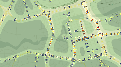 Kartbild från webbtjänsten Nationell modellering som visar kvävedioxidhalter i Norrköping med högre halter i gaturumspunkter