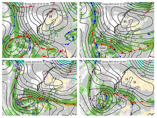 Lufttryck och lågtrycksbanor över Brittiska öarna och Skandinavien under stormen Babet 19 - 21 oktober 2023