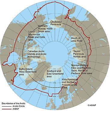 Karta centrerad över Nordpolen med gränsen för området Arktis markerad med röd linje. 
