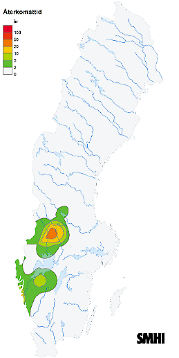 Bilden visar en karta över Sverige med återkomsttid för byvindhastigheten under Louis den 23 februari 2024.