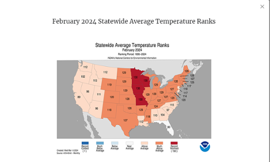 Blden visar en karta över USA med ranking av månadsmedeltemperaturen i februari 2024 delstatsvis.