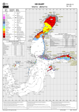 Karta som visar Is och ytvattentemperatur i havet 15 mars 2024.