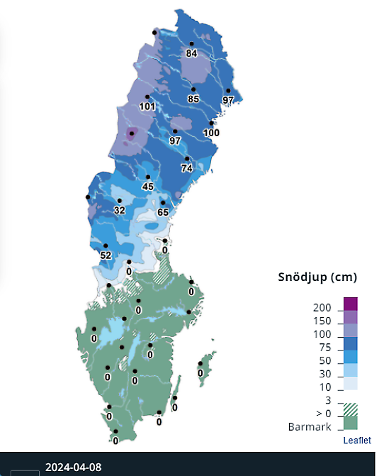Bilden visar en karta över Sverige med aktuellt snödjup den 8 april 2024.