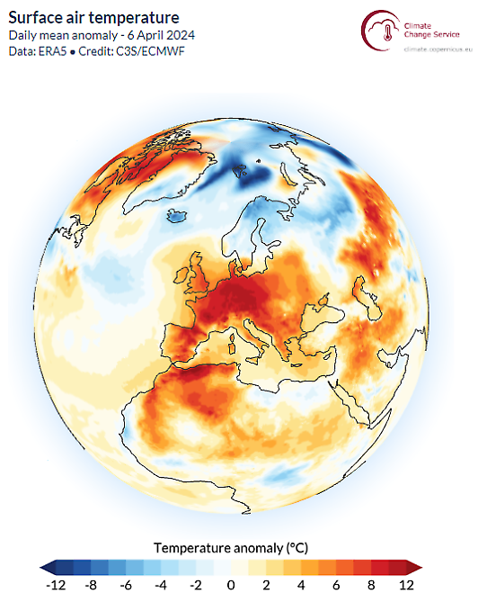 Bilden visar en karta med avvikelse från normal dygnsmedeltemperatur i Europa den 6 april 2024..