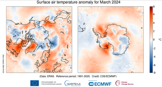 Temperaturavvikelse i mars 2024 för Arktis (vänster bild) och Antarktis (höger bild).