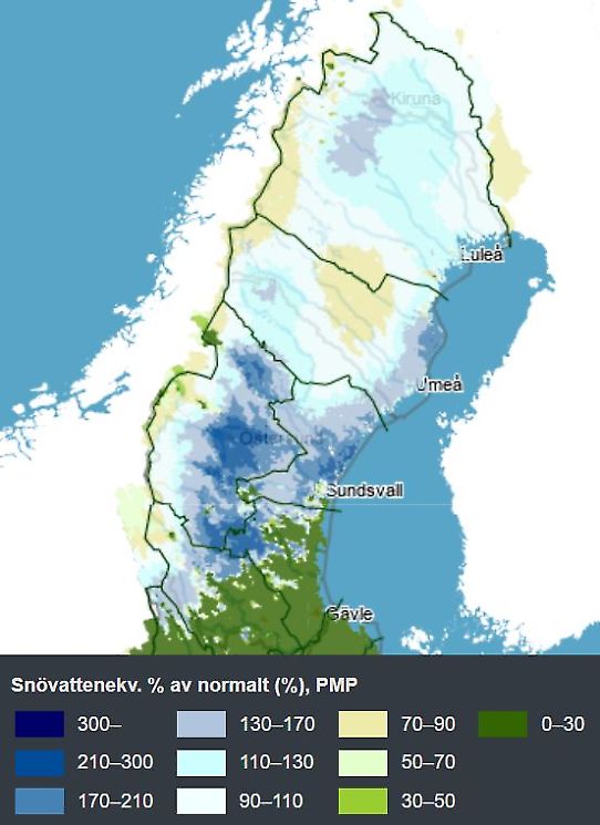 Karta över norra Sverige som visar snöns vatteninnehåll i pocent av normalt