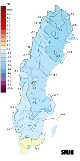 Sverigekarta som visar medeltemperaturens avvikelse från det normala under april 2024.