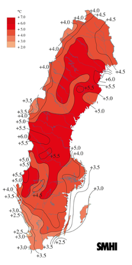 Medeltemperaturens avvikelse från det normala i mars 2012 