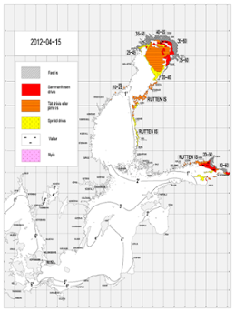 Karta över ytvattentemperatur i havet 15 april 2012
