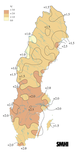 Karta över medeltemperaturens avvikelse från det normala under våren 2012 