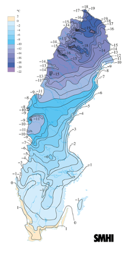 Karta över medeltemperaturen i januari 2014. 