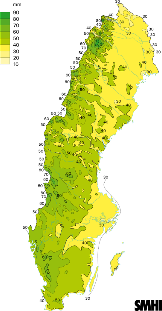 Normalkarta uppmätt nederbörd medelvärde 1961-1990 maj
