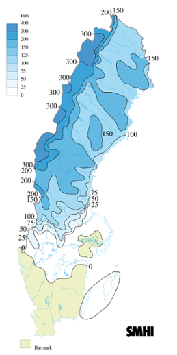 Karta över snöns beräknade vattenvärde 25 mars 2009