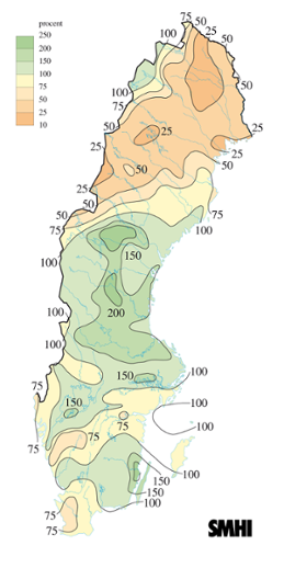 Karta över nederbörd i procent av det normala under mars 2006