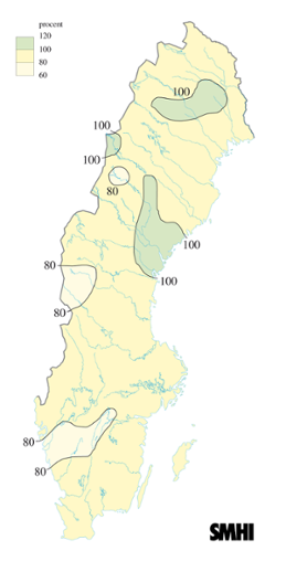 Karta över beräknade markvattenhalt i procent av den normala, 22 juni 2006