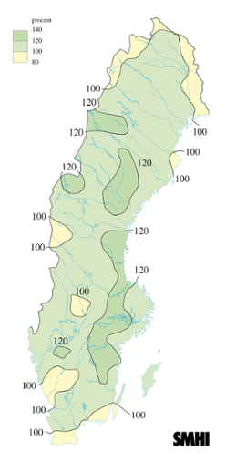 Karta över beräknade markvattenhalt i procent av den normala, 23 juni 2005