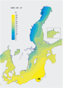 Karta över ytvattentemperatur i havet 15 september 2005